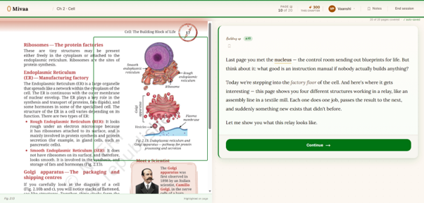Mivaa interface showing the NCERT textbook page on the left and the tutor teaching on the right